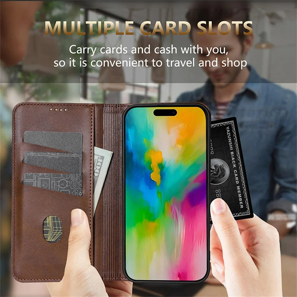 AZNS For iPhone 18 Pro / 17 Pro Case Cowhide Texture PU Leather Wallet Phone Cover - Coffee - 5
