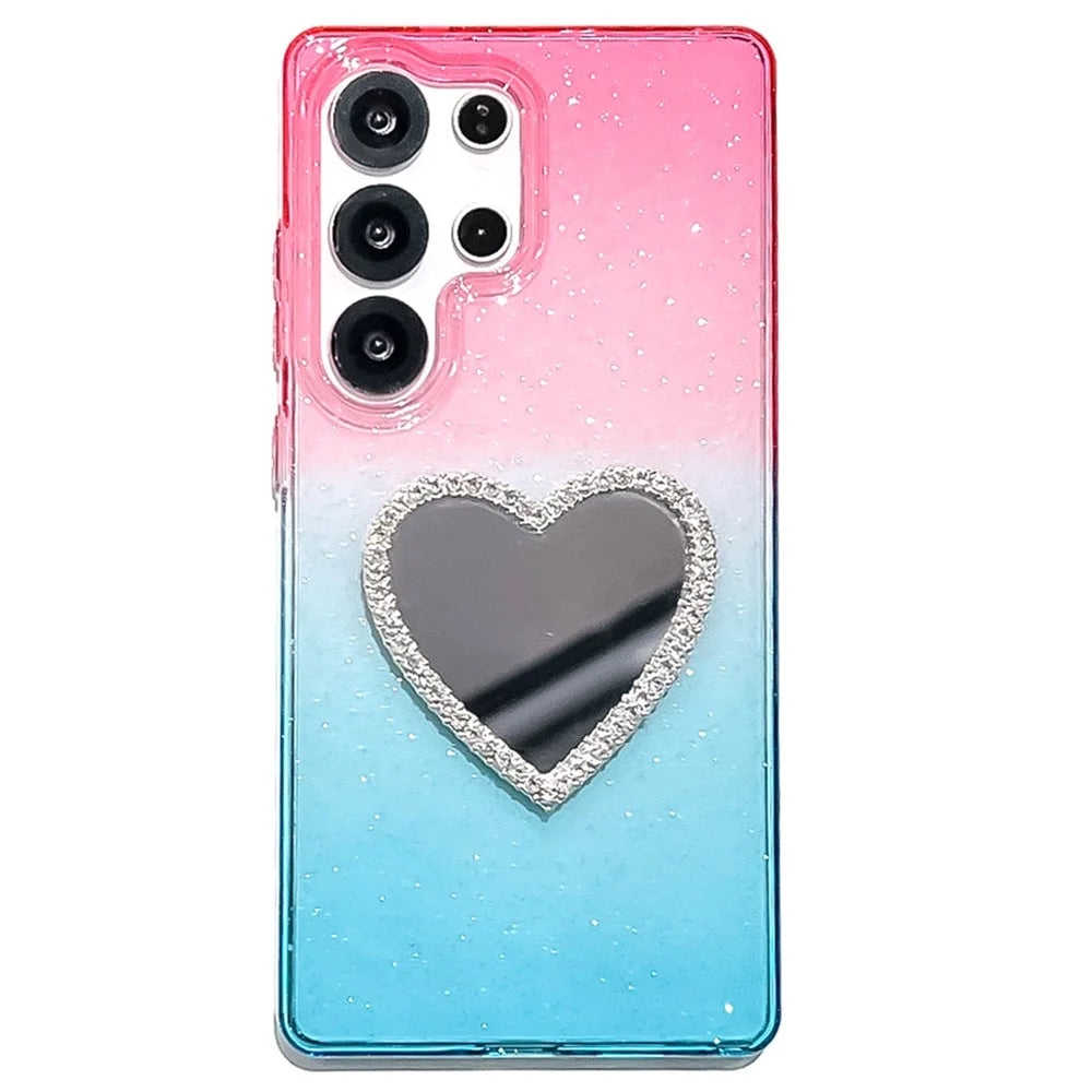 For Samsung Galaxy S25 Ultra Case Glitter Dual Color PC + TPU Clear Phone Cover with Heart-Shape Mirror - Pink / Sky Blue - 1