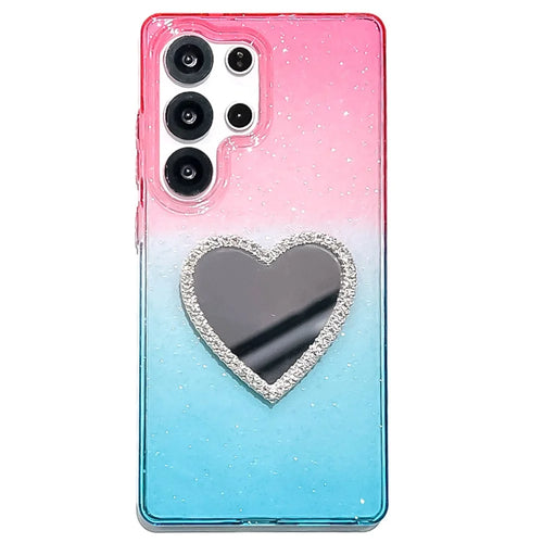 For Samsung Galaxy S25 Ultra Case Glitter Dual Color PC + TPU Clear Phone Cover with Heart-Shape Mirror - Pink / Sky Blue - 1