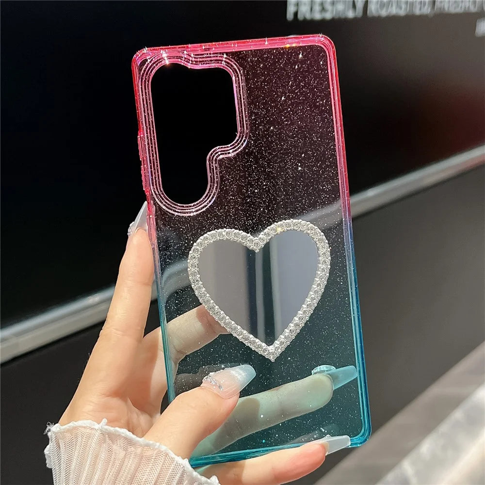 For Samsung Galaxy S25 Ultra Case Glitter Dual Color PC + TPU Clear Phone Cover with Heart-Shape Mirror - Pink / Sky Blue - 2