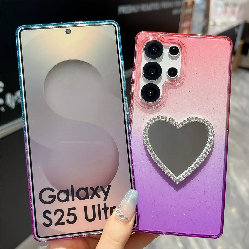 For Samsung Galaxy S25 Ultra Case Glitter Dual Color PC + TPU Clear Phone Cover with Heart-Shape Mirror - Pink / Sky Blue - 3