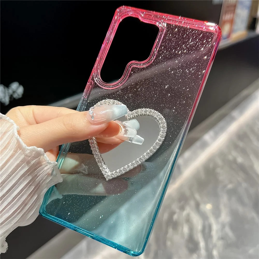 For Samsung Galaxy S25 Ultra Case Glitter Dual Color PC + TPU Clear Phone Cover with Heart-Shape Mirror - Pink / Sky Blue - 4