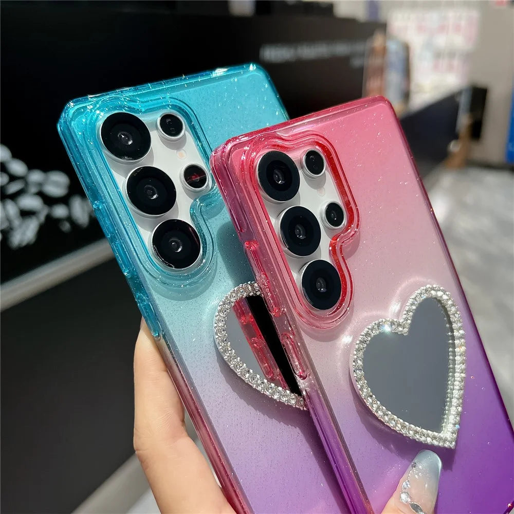For Samsung Galaxy S25 Ultra Case Glitter Dual Color PC + TPU Clear Phone Cover with Heart-Shape Mirror - Pink / Sky Blue - 5