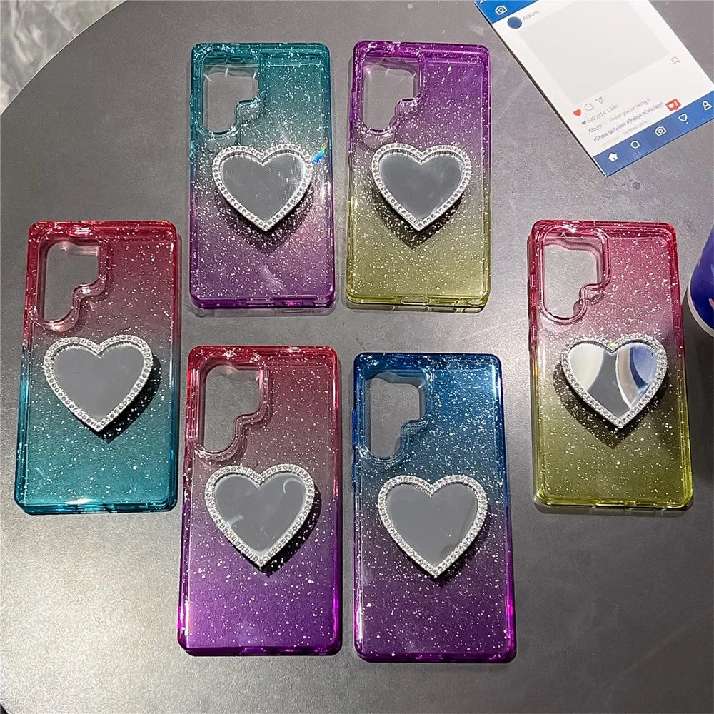 For Samsung Galaxy S25 Ultra Case Glitter Dual Color PC + TPU Clear Phone Cover with Heart-Shape Mirror - Pink / Sky Blue - 7