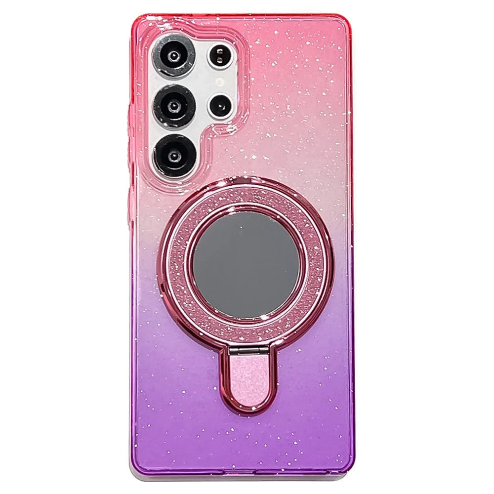 For Samsung Galaxy S25 Ultra Case Glitter PC + TPU Clear Mirror Kickstand Phone Cover - Pink / Purple - 1