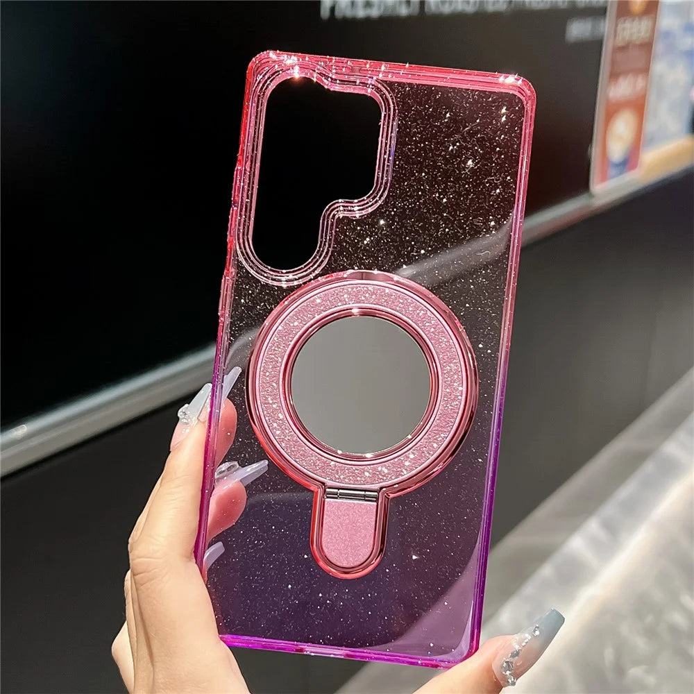 For Samsung Galaxy S25 Ultra Case Glitter PC + TPU Clear Mirror Kickstand Phone Cover - Pink / Purple - 2
