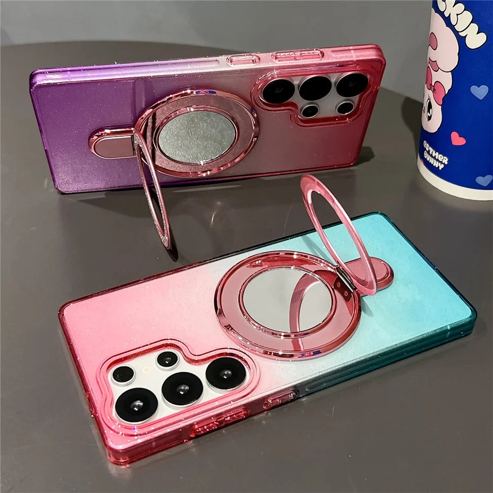 For Samsung Galaxy S25 Ultra Case Glitter PC + TPU Clear Mirror Kickstand Phone Cover - Pink / Purple - 3