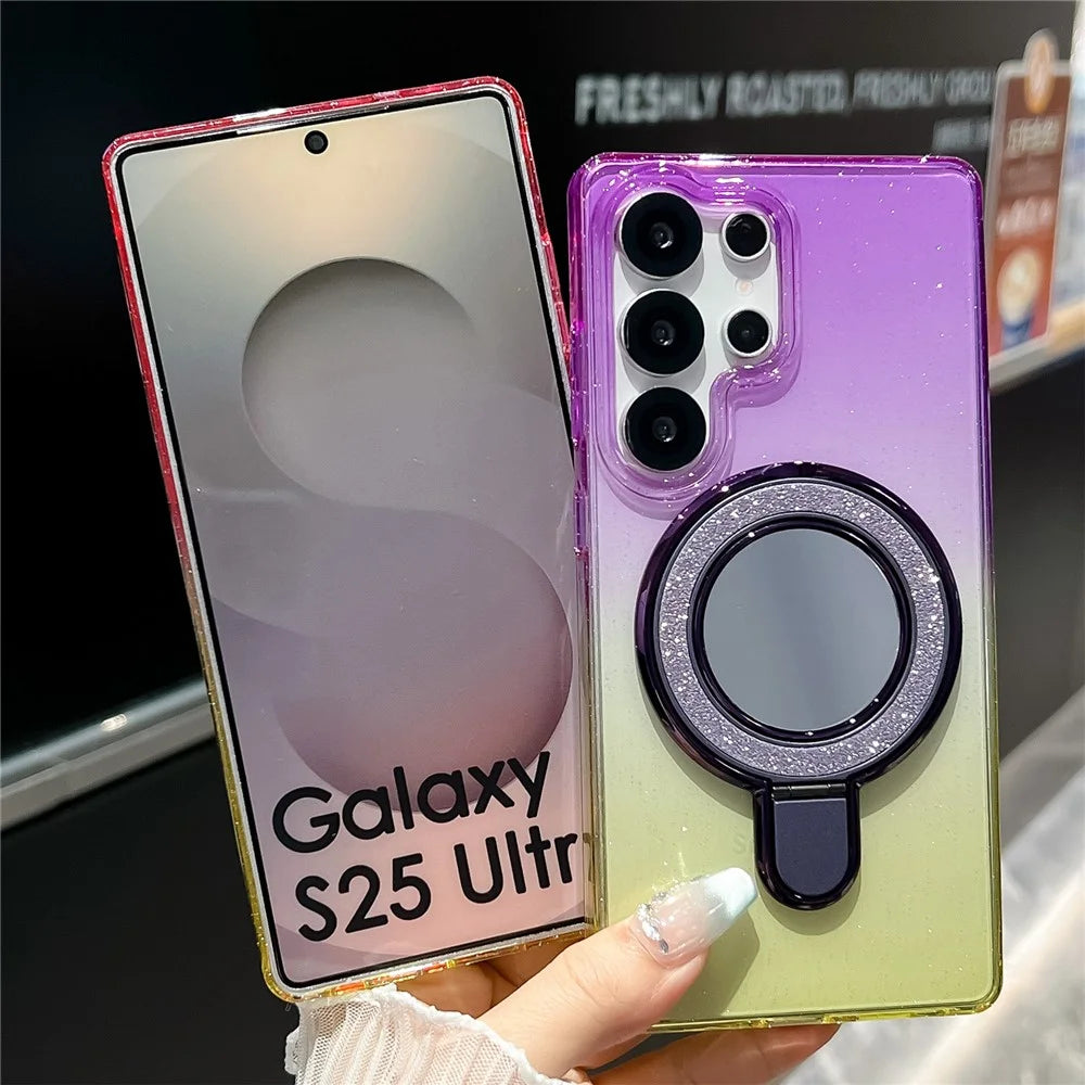 For Samsung Galaxy S25 Ultra Case Glitter PC + TPU Clear Mirror Kickstand Phone Cover - Pink / Purple - 6