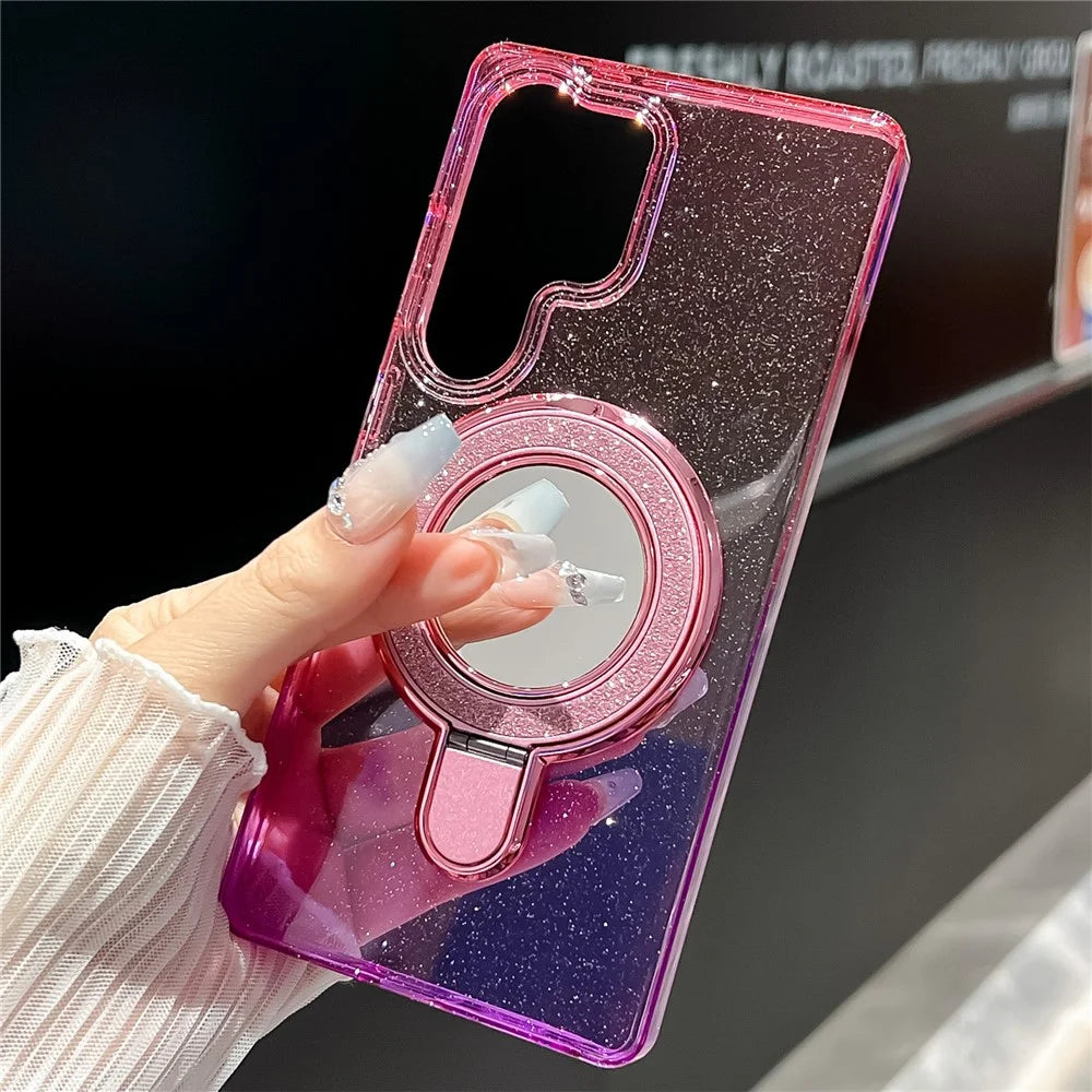 For Samsung Galaxy S25 Ultra Case Glitter PC + TPU Clear Mirror Kickstand Phone Cover - Pink / Purple - 7