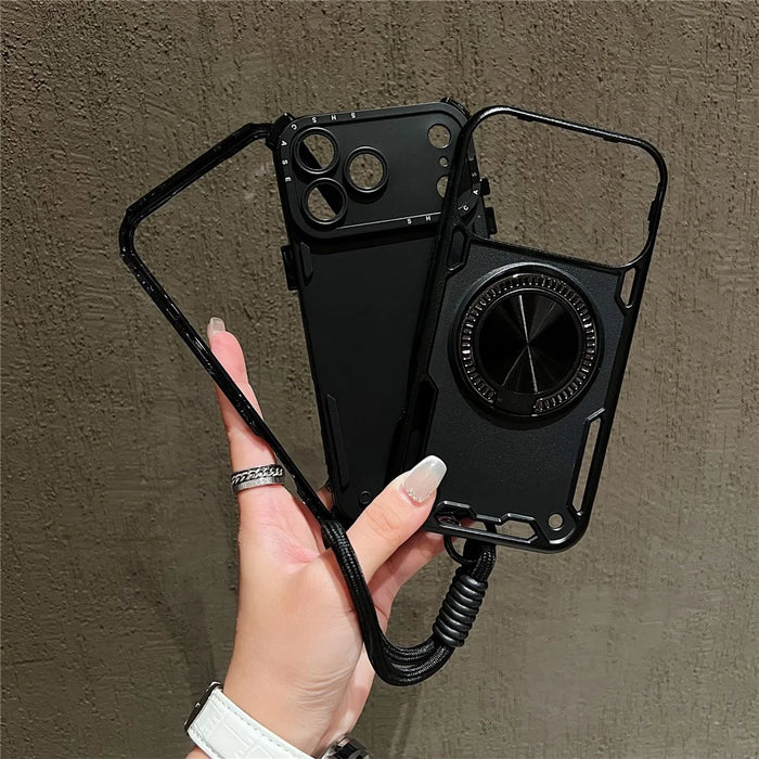 For iPhone 18 Pro Max / 17 Pro Max Case with Strap, Ring Kickstand PC + TPU Shockproof Phone Back Cover - Black - 2