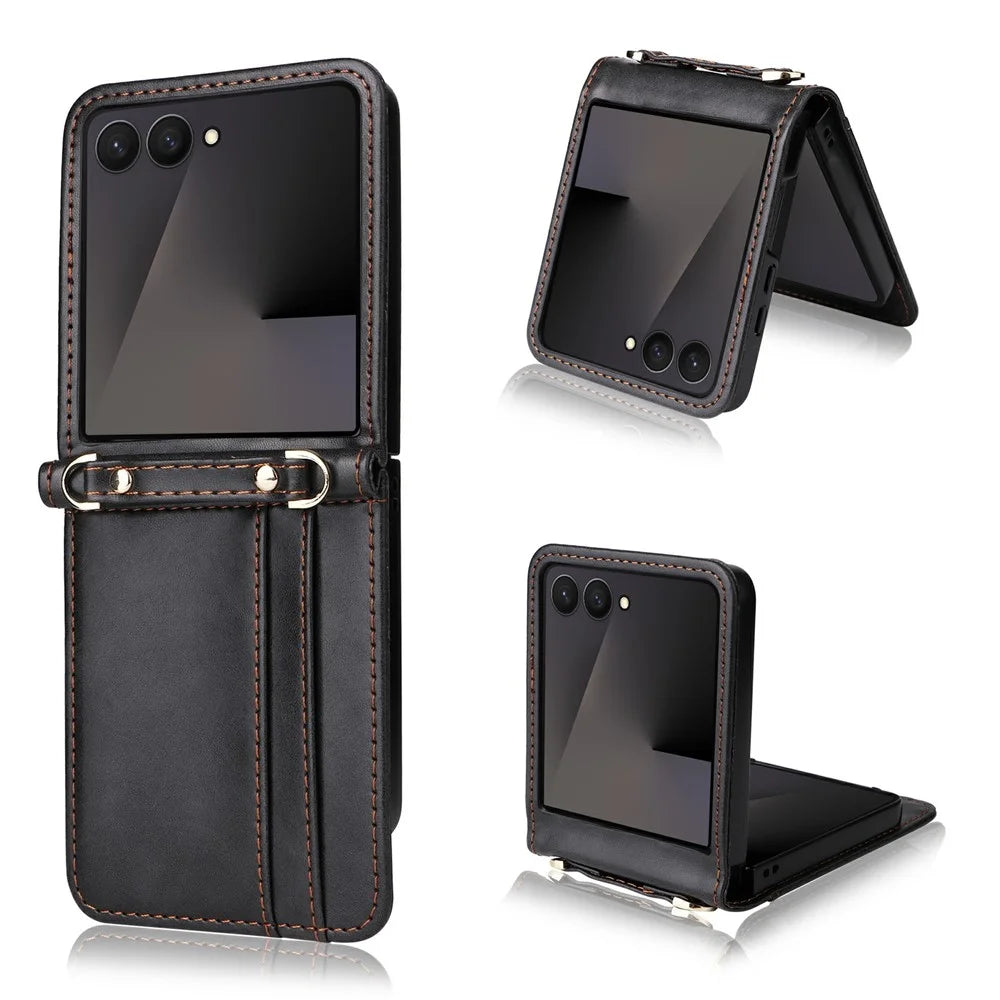 For Samsung Galaxy Z Flip7 5 Case Card Slots Leather Phone Cover with Lanyard - Black - 1