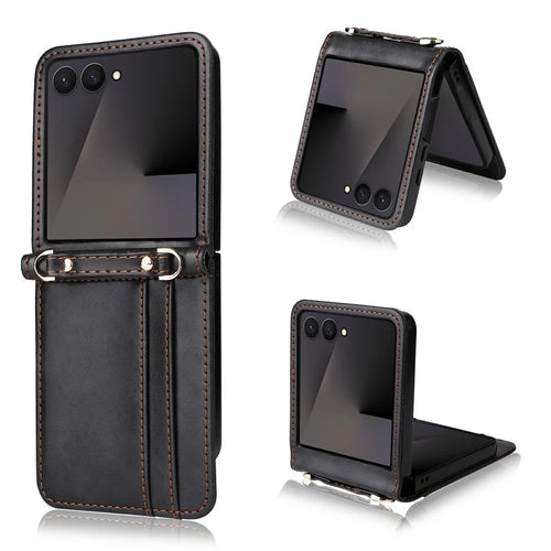 For Samsung Galaxy Z Flip7 5 Case Card Slots Leather Phone Cover with Lanyard - Black - 1