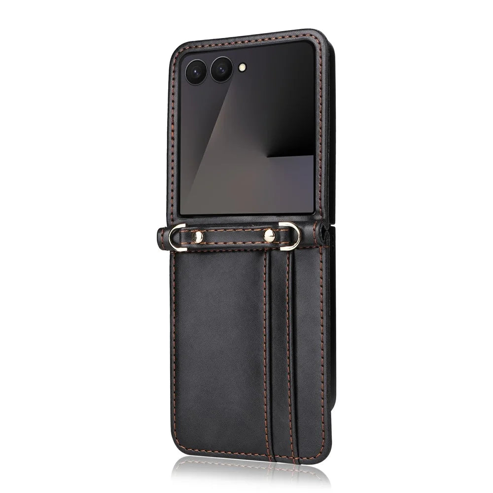 For Samsung Galaxy Z Flip7 5 Case Card Slots Leather Phone Cover with Lanyard - Black - 2
