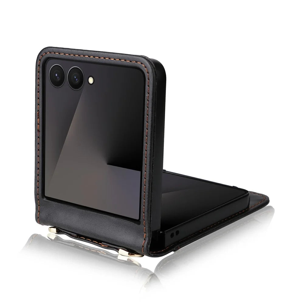 For Samsung Galaxy Z Flip7 5 Case Card Slots Leather Phone Cover with Lanyard - Black - 3