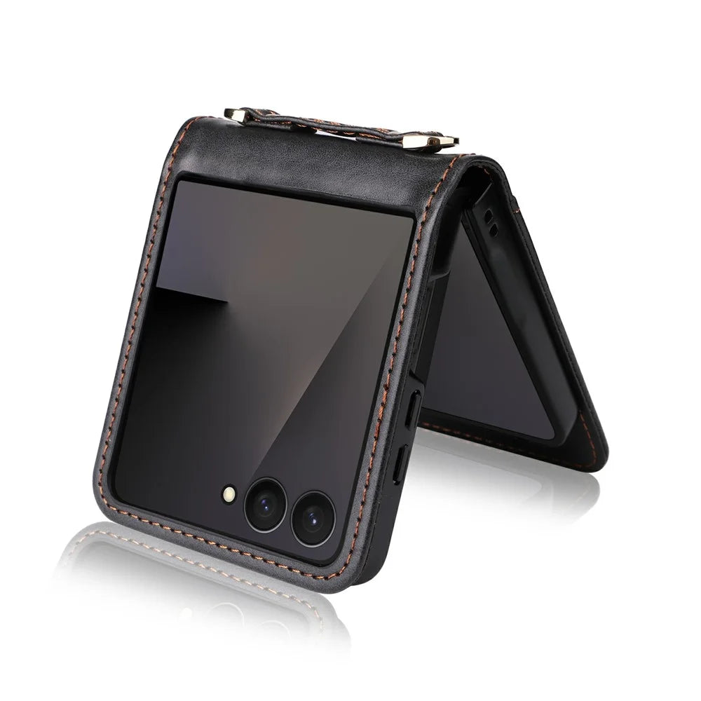 For Samsung Galaxy Z Flip7 5 Case Card Slots Leather Phone Cover with Lanyard - Black - 4
