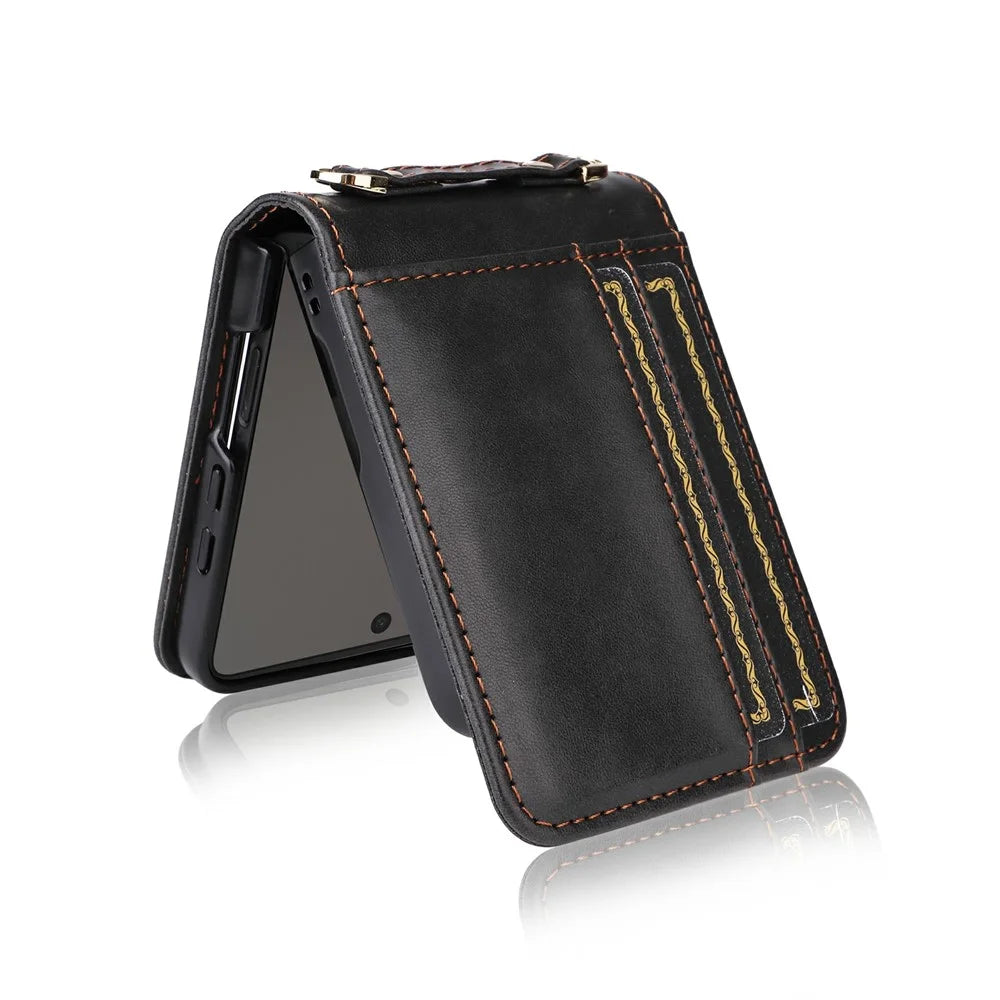 For Samsung Galaxy Z Flip7 5 Case Card Slots Leather Phone Cover with Lanyard - Black - 5