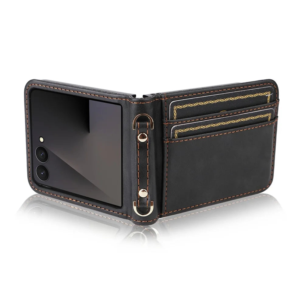 For Samsung Galaxy Z Flip7 5 Case Card Slots Leather Phone Cover with Lanyard - Black - 6