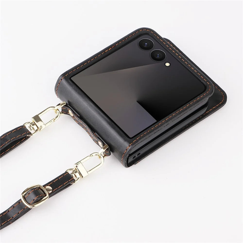 For Samsung Galaxy Z Flip7 5 Case Card Slots Leather Phone Cover with Lanyard - Black - 7