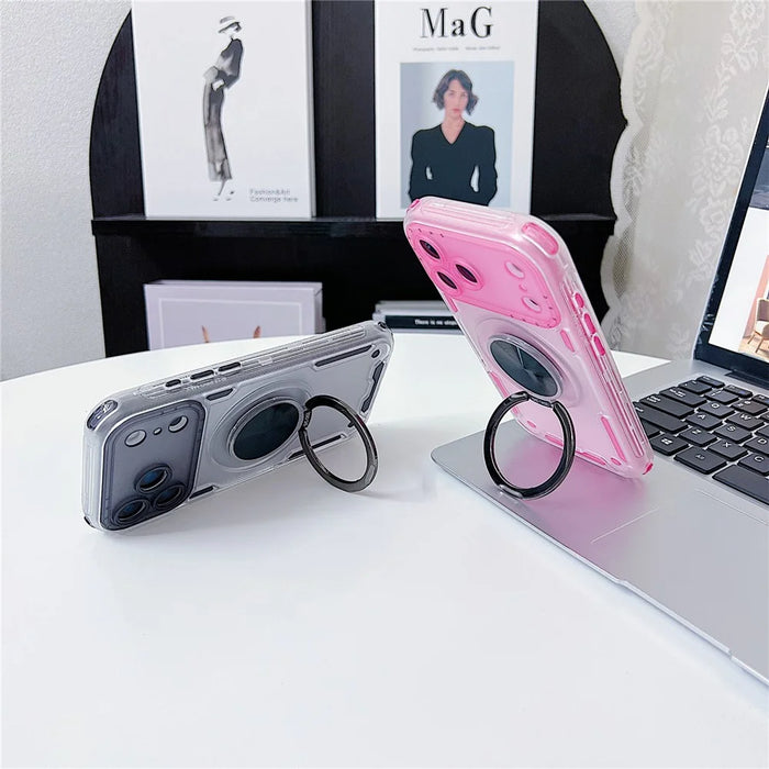 For iPhone 18 Pro Max / 17 Pro Max Case Ring Kickstand PC + TPU Translucent Phone Back Cover - Pink - 3