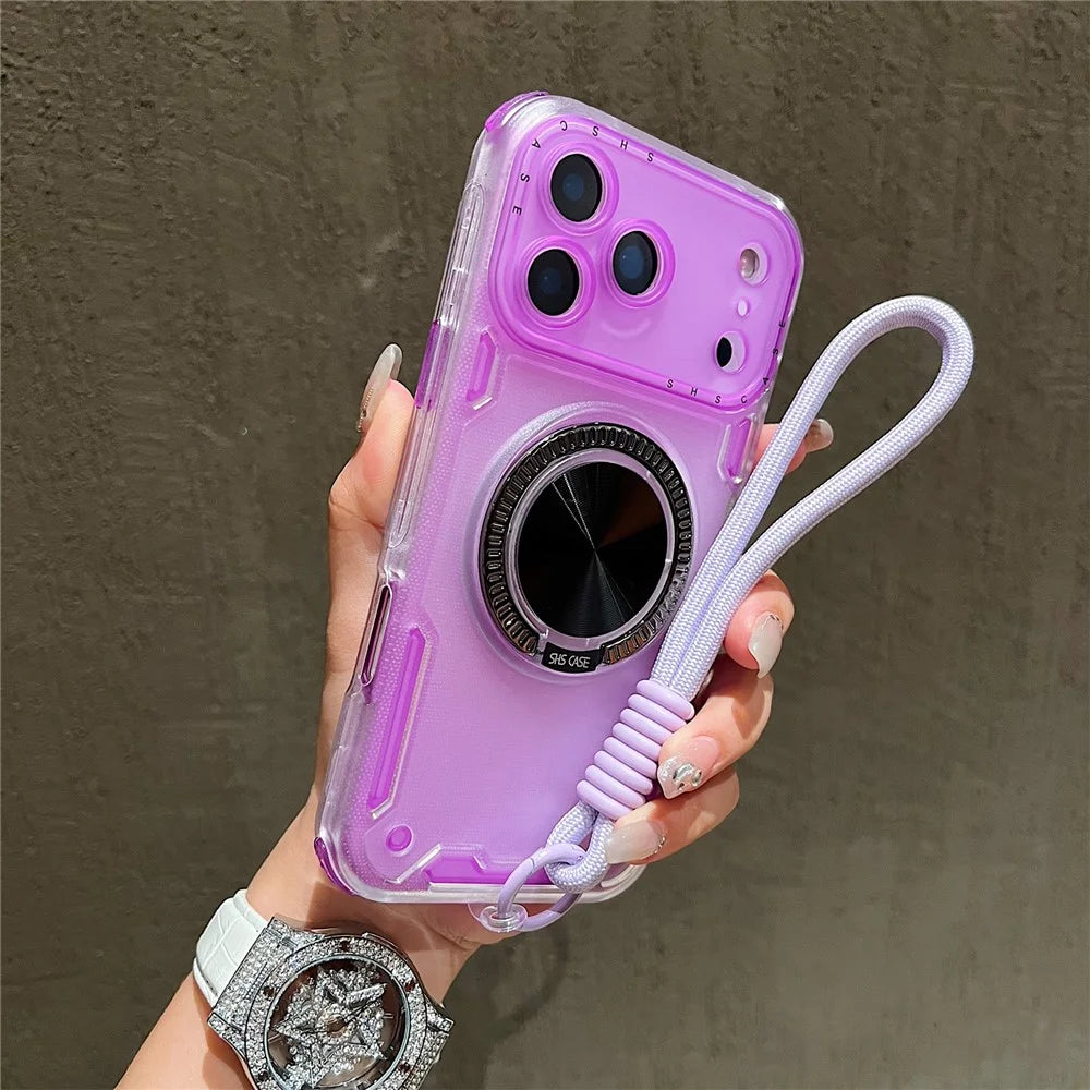 For iPhone 18 Pro / 17 Pro Case Ring Kickstand PC + TPU Translucent Phone Back Cover with Hand Strap - Purple - 1