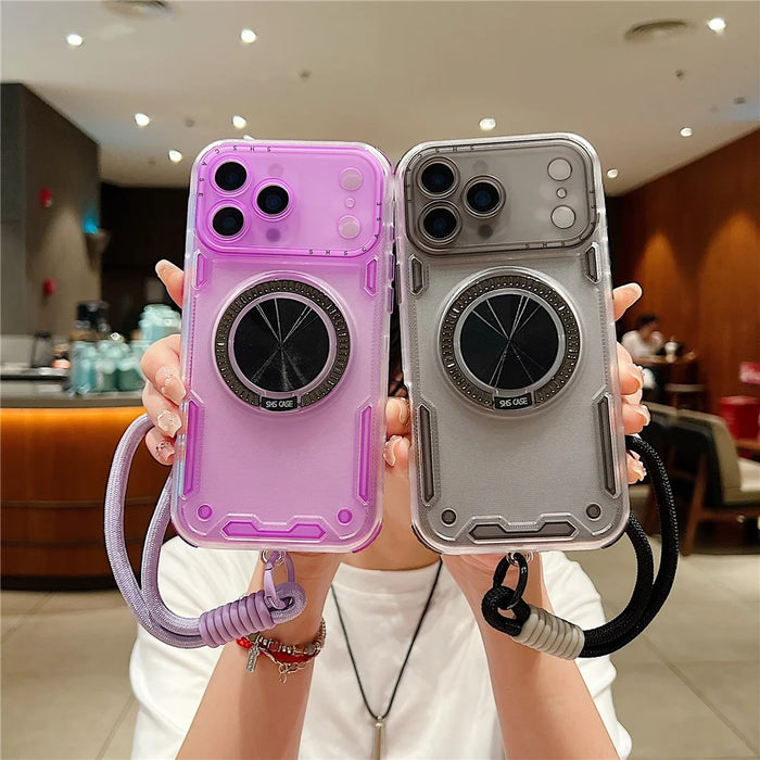 For iPhone 18 Pro Max / 17 Pro Max Case Ring Kickstand PC + TPU Translucent Phone Back Cover with Hand Strap - Pink - 7