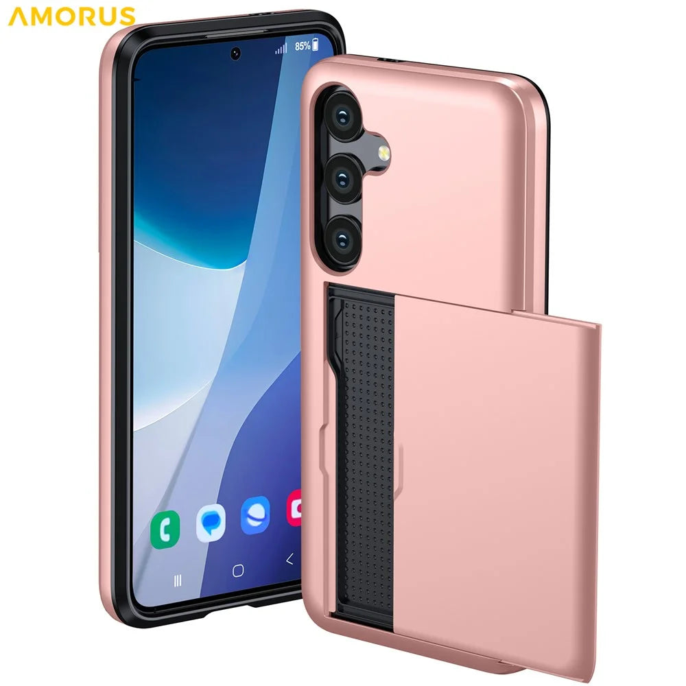 AMORUS For Samsung Galaxy S25 FE Case with Sliding Card Holder PC TPU Phone Back Cover - Rose Gold - 2