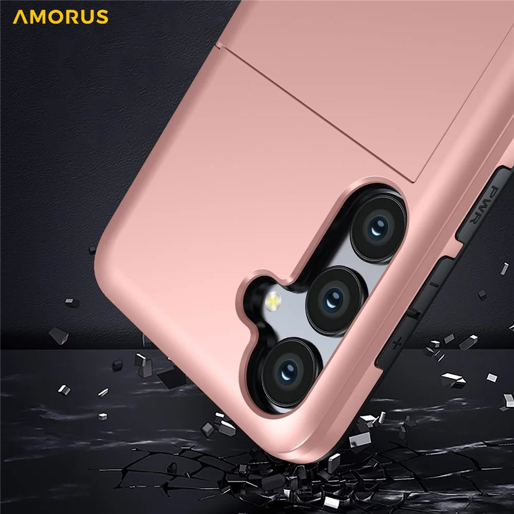 AMORUS For Samsung Galaxy S25 FE Case with Sliding Card Holder PC TPU Phone Back Cover - Rose Gold - 5
