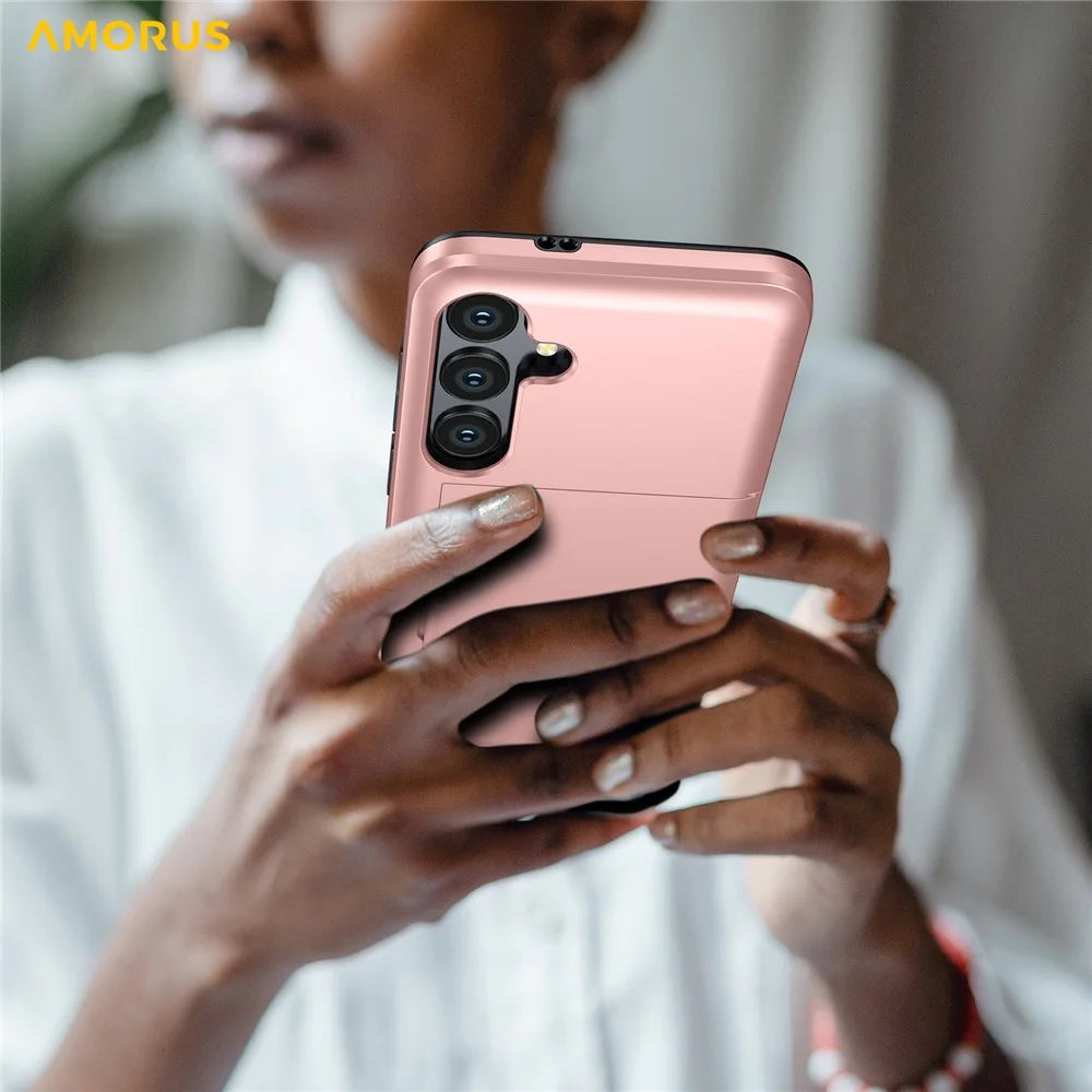 AMORUS For Samsung Galaxy S25 FE Case with Sliding Card Holder PC TPU Phone Back Cover - Rose Gold - 6
