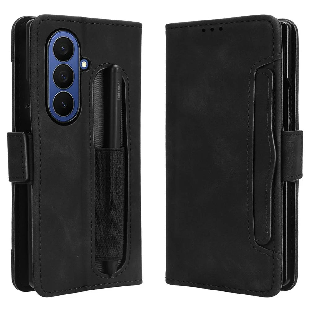 For Samsung Galaxy Z Fold7 5G Stand Case with Pencil Slot Leather Wallet Phone Cover - Black - 1