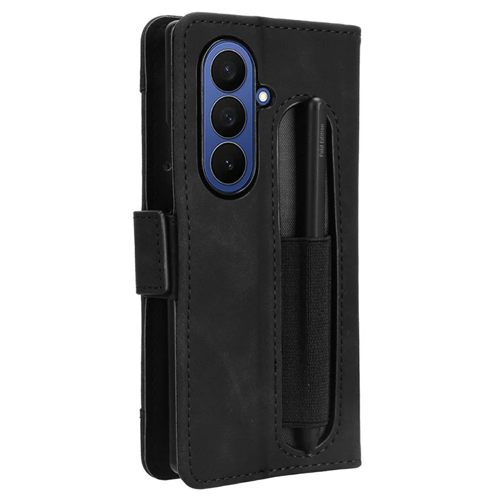 For Samsung Galaxy Z Fold7 5G Stand Case with Pencil Slot Leather Wallet Phone Cover - Black - 7
