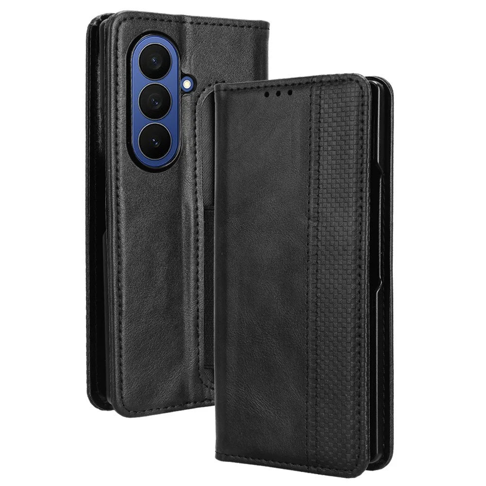 For Samsung Galaxy Z Fold7 5G Case with Pencil Holder Retro PU Leather Phone Cover - Black - 1