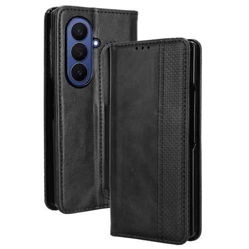 For Samsung Galaxy Z Fold7 5G Case with Pencil Holder Retro PU Leather Phone Cover - Black - 1