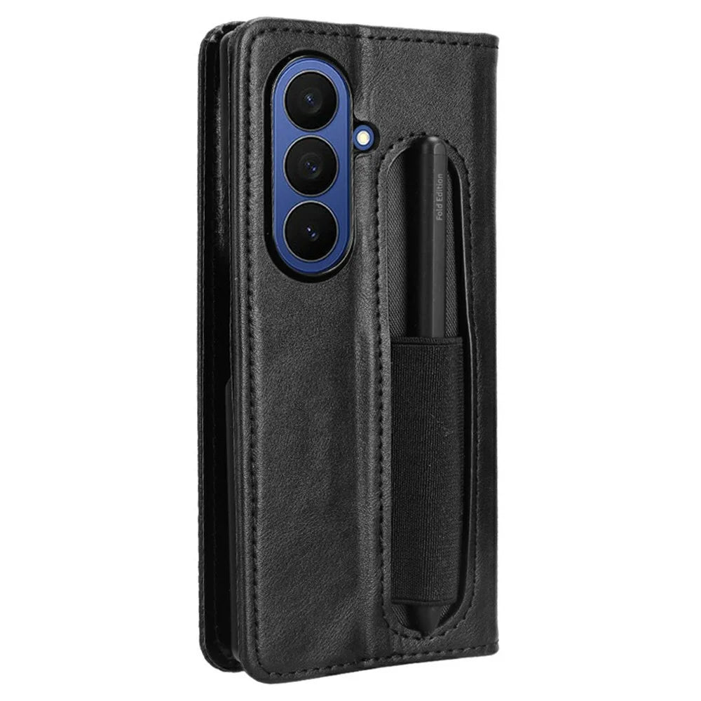 For Samsung Galaxy Z Fold7 5G Case with Pencil Holder Retro PU Leather Phone Cover - Black - 6