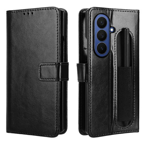 For Samsung Galaxy Z Fold7 5G Phone Case Pencil Slot Stand Leather Cover Crazy Horse Texture - Black - 1