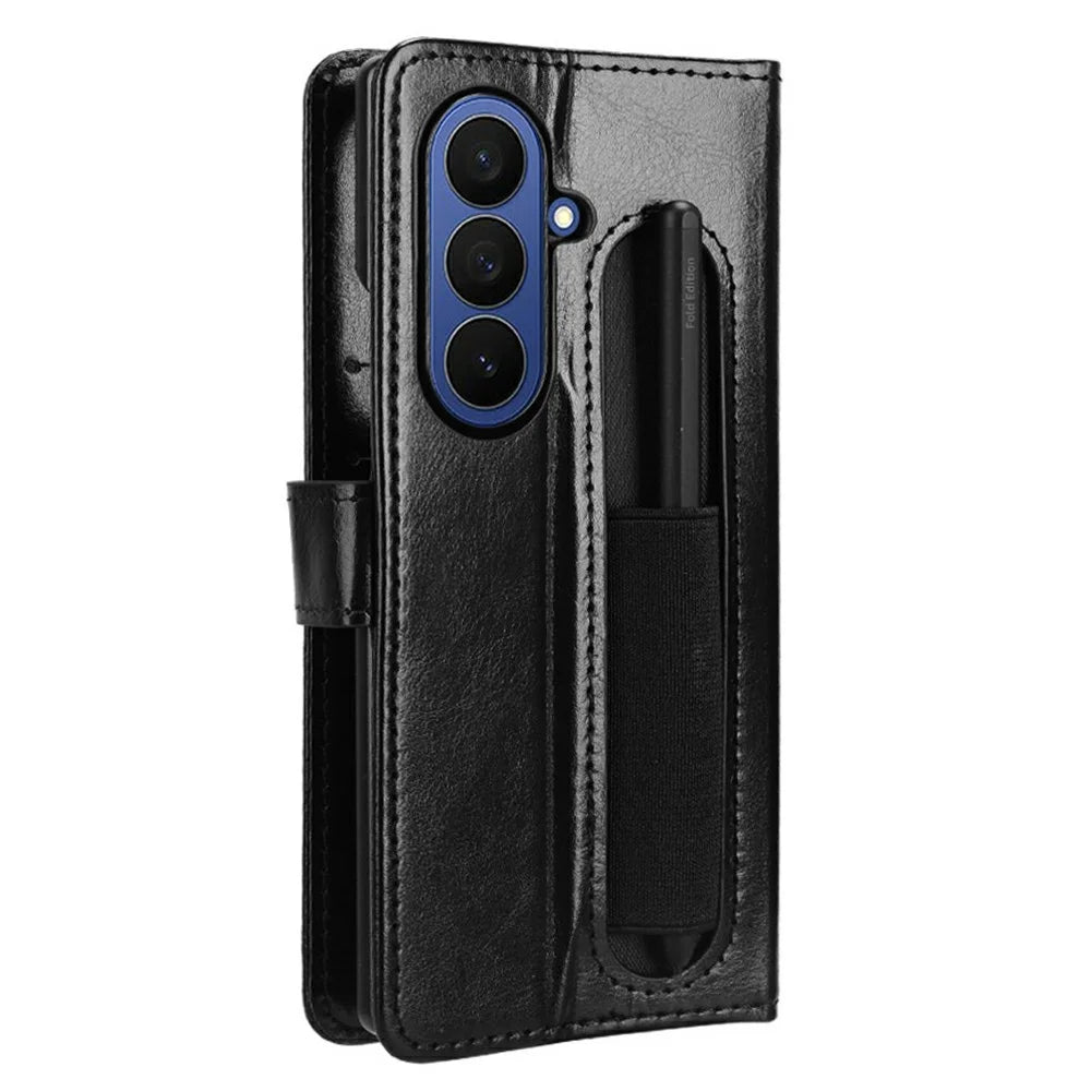 For Samsung Galaxy Z Fold7 5G Phone Case Pencil Slot Stand Leather Cover Crazy Horse Texture - Black - 6