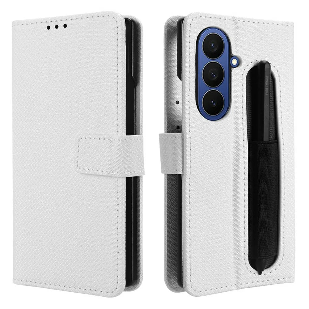For Samsung Galaxy Z Fold7 5G Case with Pencil Holder, PU Leather Diamond Texture Wallet Phone Cover - White - 1
