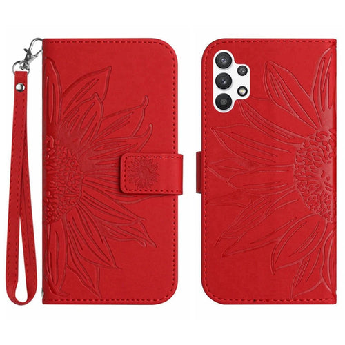 For Samsung Galaxy A32 / M32 5G HT04 PU Leather Shockproof Case Imprinted Sunflower Skin-Touch Phone Stand Wallet Cover with Hand Strap - Red - 1