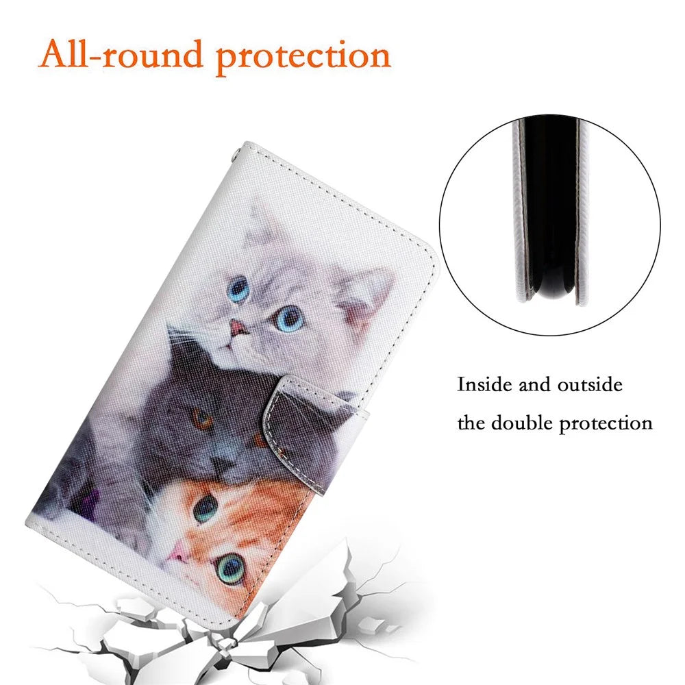 For iPhone SE (2022) / (2020) / 8 / 7 Case Pattern Printing Protective Leather Folio Phone Cover with Wrist Strap - Three Cats - 5