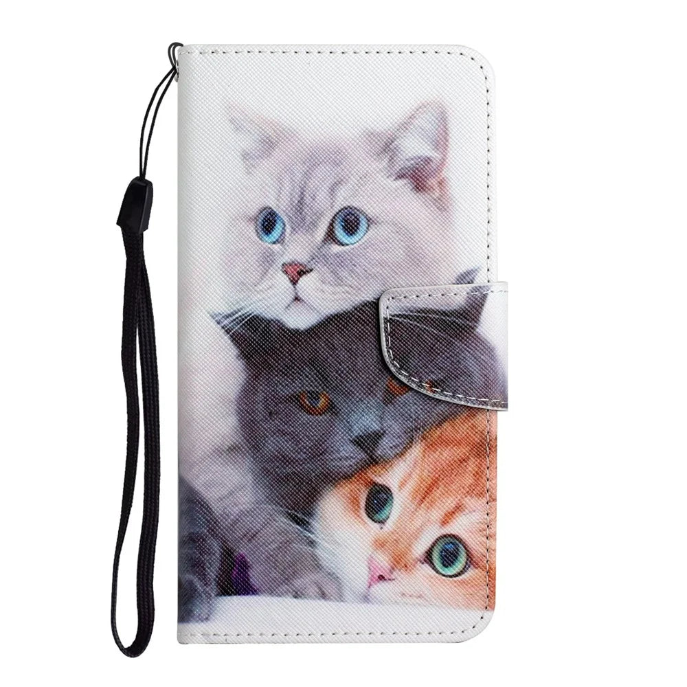 For iPhone SE (2022) / (2020) / 8 / 7 Case Pattern Printing Protective Leather Folio Phone Cover with Wrist Strap - Three Cats - 6