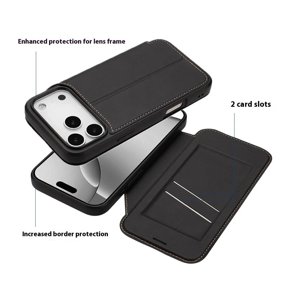 For iPhone 17 Pro Case Magnetic Closure Card Slot Leather Flip Phone Cover - Black - 3