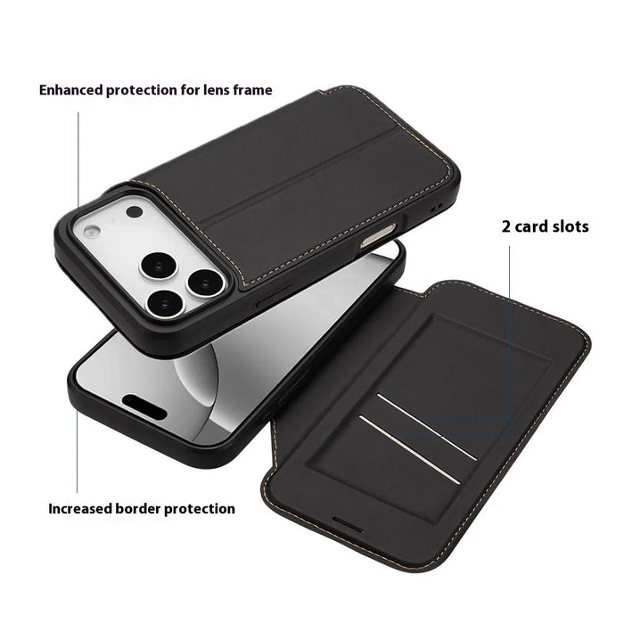 For iPhone 17 Pro Max Case Magnetic Closure Card Slot Leather Flip Phone Cover - Black - 3