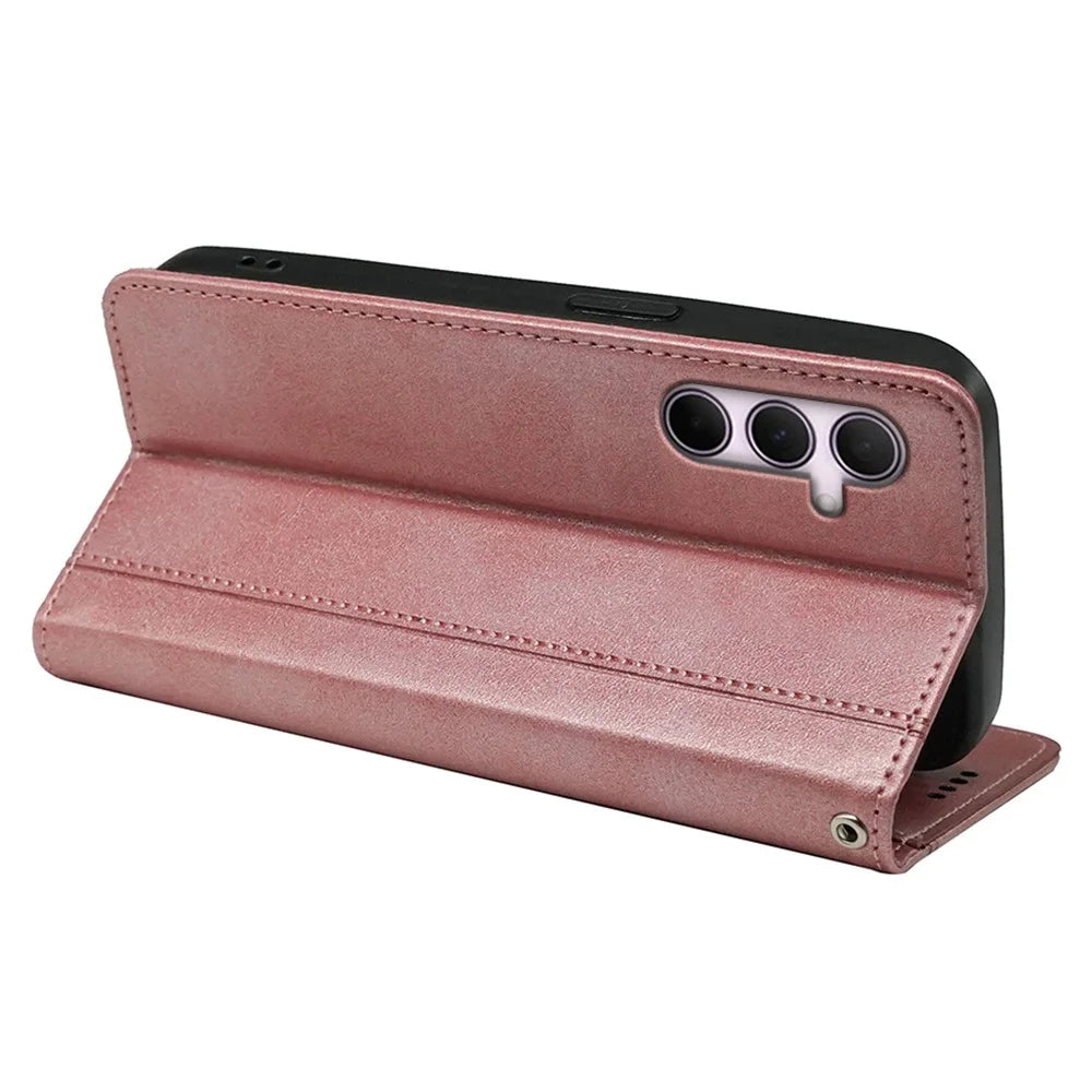 For Samsung Galaxy A26 5G Case Hidden Magnetic Closure Calf Texture Leather Phone Cover - Rose Gold - 4