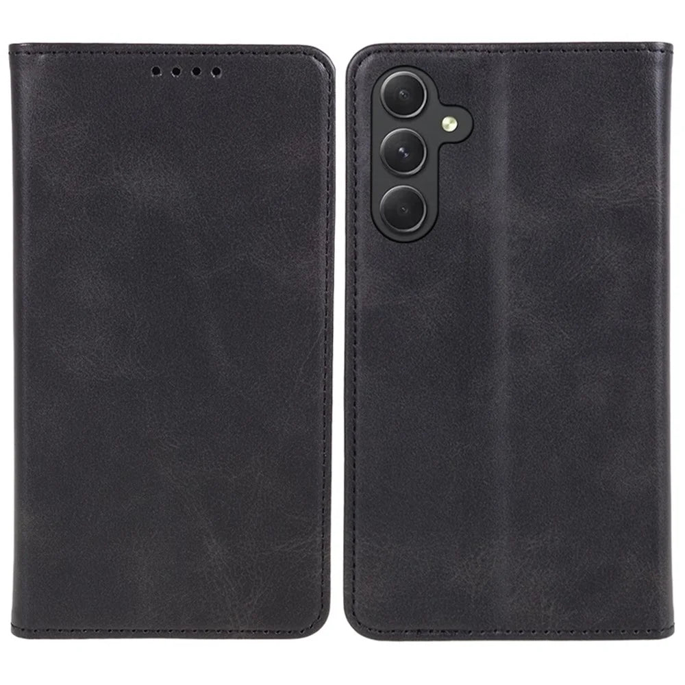For Samsung Galaxy A26 5G Case Strong Magnetic PU Leather Phone Cover Calf Texture - Black - 1