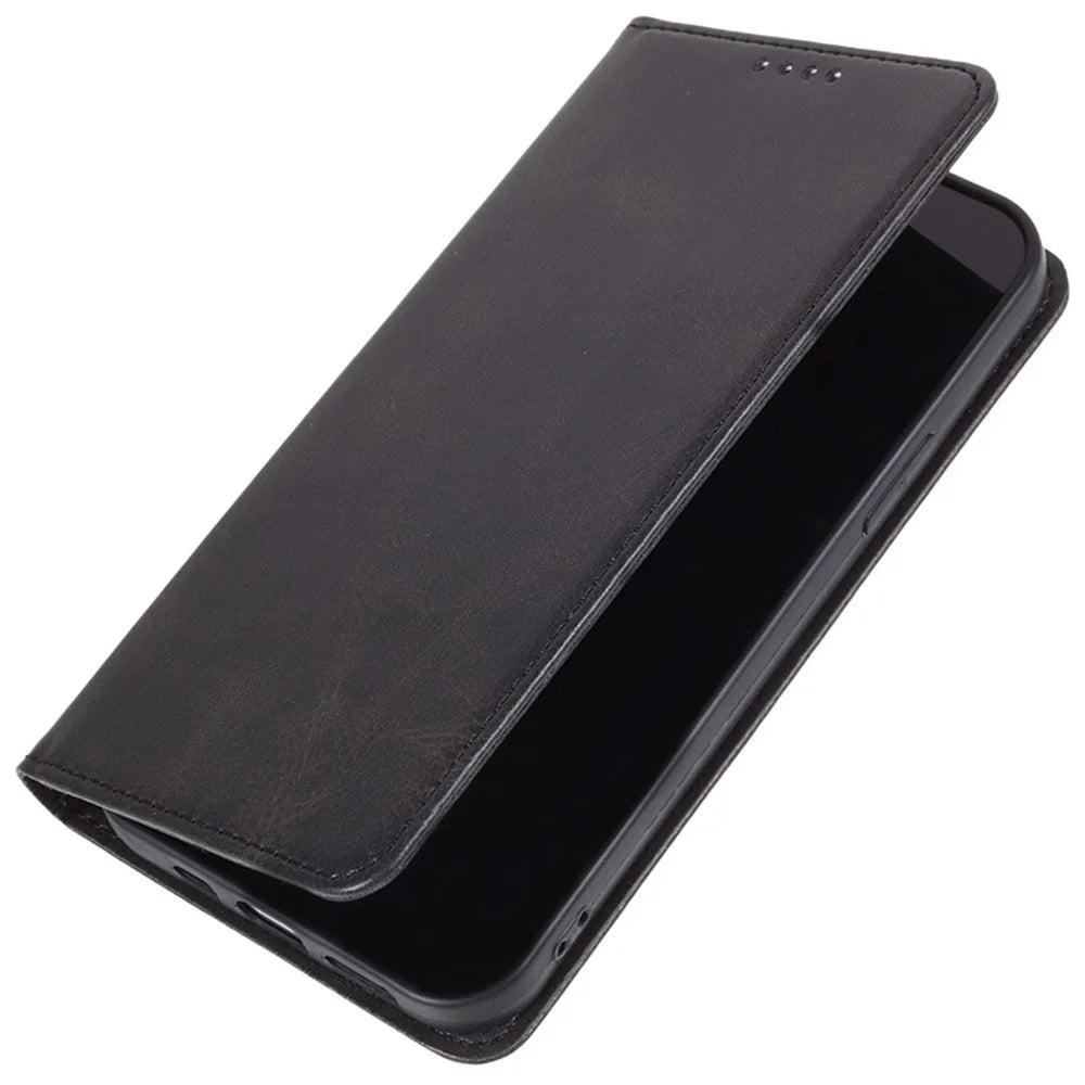 For Samsung Galaxy A26 5G Case Strong Magnetic PU Leather Phone Cover Calf Texture - Black - 5