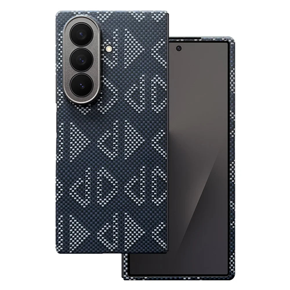 For Samsung Galaxy Z Fold7 5G Magnetic Case Precise Cutouts Geometric Pattern Aramid Fiber Phone Cover with Metal Lens Frame / Front Frame - Blue - 3
