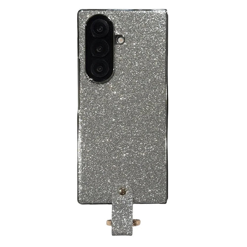 For Samsung Galaxy Z Fold7 5G Case Electroplated Glitter PU Leather + PC Protective Cover with Portable Ring Strap - Silver - 1