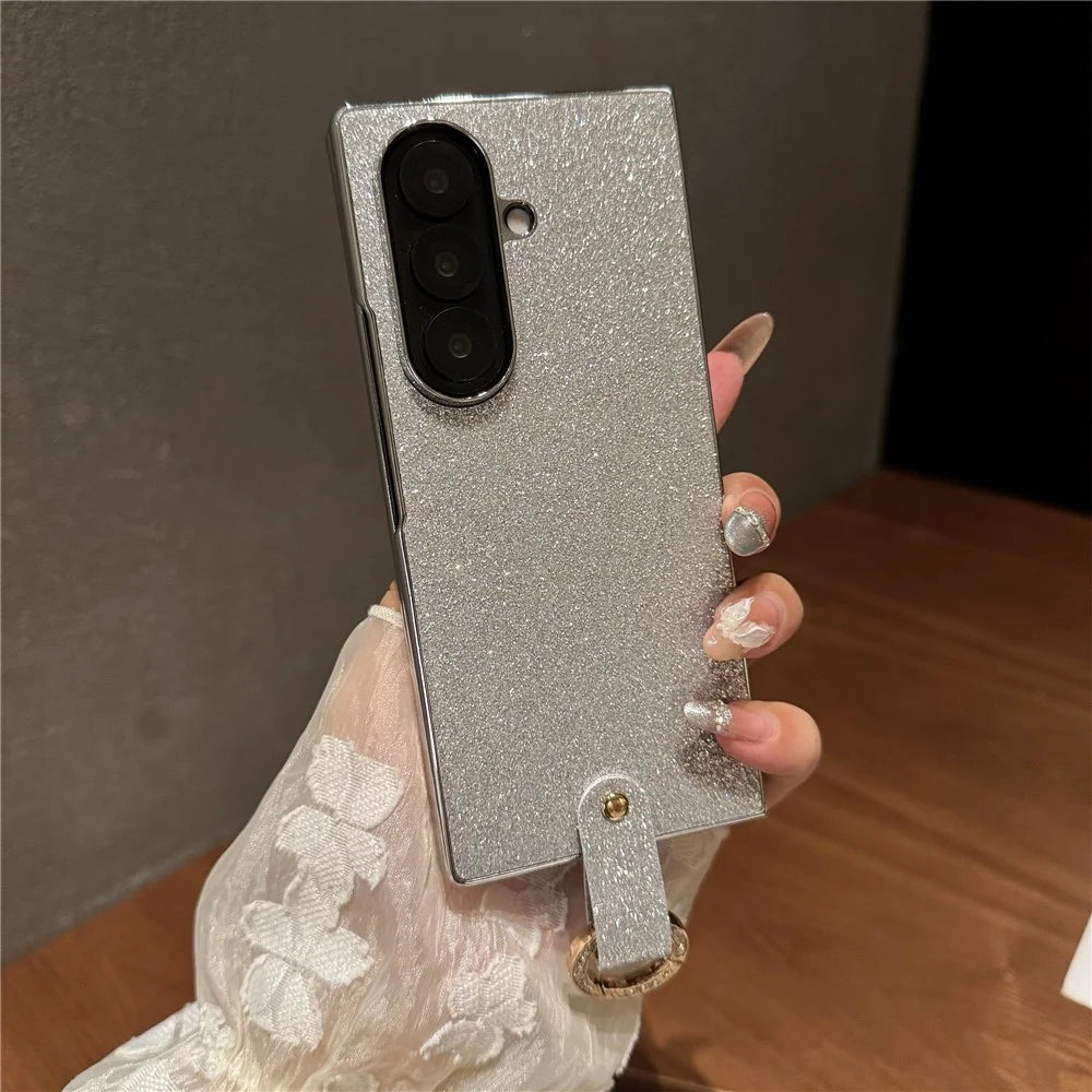 For Samsung Galaxy Z Fold7 5G Case Electroplated Glitter PU Leather + PC Protective Cover with Portable Ring Strap - Silver - 2