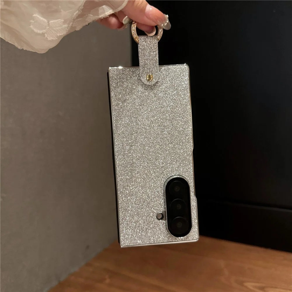 For Samsung Galaxy Z Fold7 5G Case Electroplated Glitter PU Leather + PC Protective Cover with Portable Ring Strap - Silver - 3