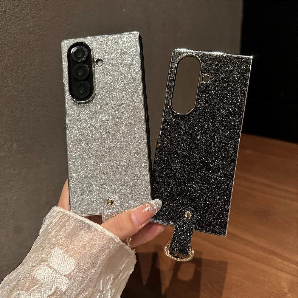 For Samsung Galaxy Z Fold7 5G Case Electroplated Glitter PU Leather + PC Protective Cover with Portable Ring Strap - Silver - 4