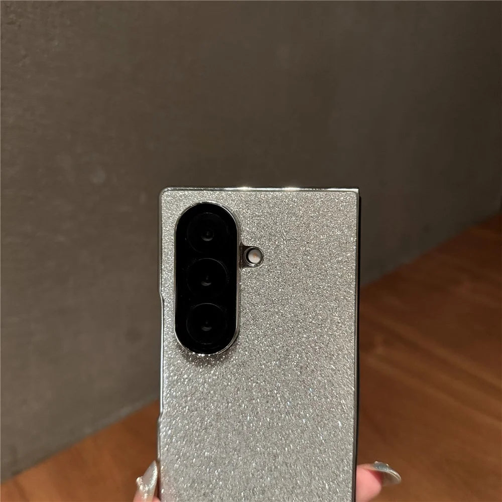 For Samsung Galaxy Z Fold7 5G Case Electroplated Glitter PU Leather + PC Protective Cover with Portable Ring Strap - Silver - 5